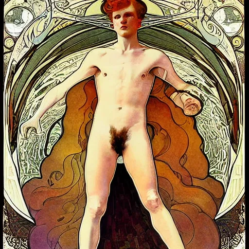 Prompt: thomas newton, the man who fell to earth, mucha style,