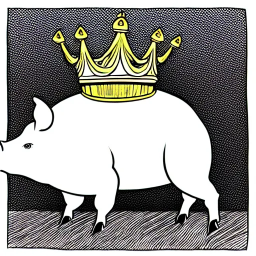 Image similar to standing pig wearing a gold crown on it's head black and white illustration concept art in the style of Arthur Adams, full body 8k