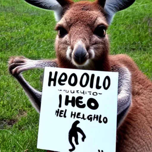 Image similar to <photograph quality=high accurate=true readable=true>Kangaroo holds sign that says Hello</photograph>