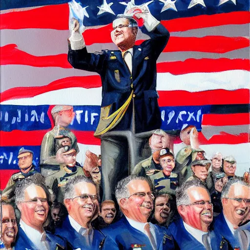 Prompt: painting of jeb bush in a military uniform standing in front of a cheering crowd