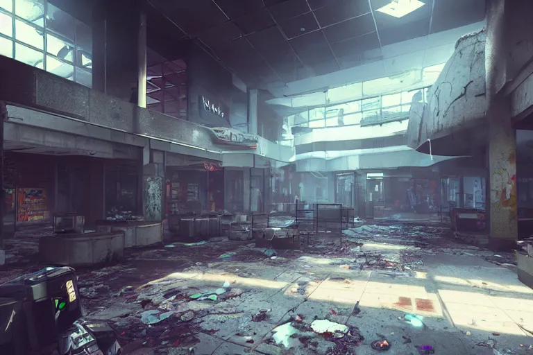 Image similar to hyper realistic fps game screenshot of a abandoned cyberpunk shopping mall, a crew of high tech soldiers are in, cinematic lightning, ray tracing, unreal engine, photorealistic fps game concept art, detailed, dark, moody, foggy