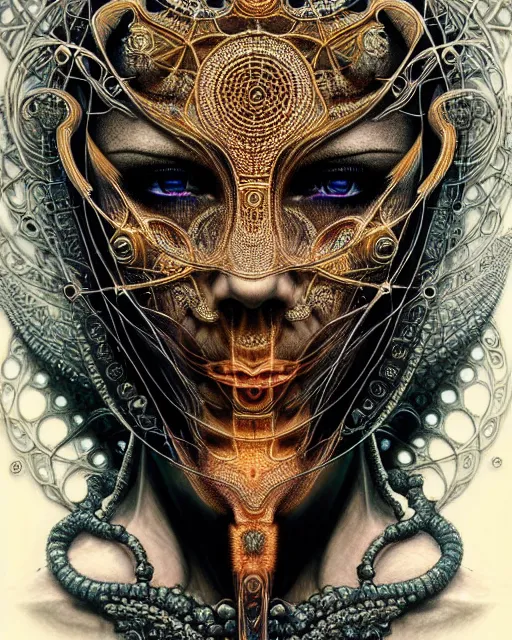 Image similar to hyperrealistic detailed face portrait of the beautiful dark goddess with an intricate golden ornamental geometrical ritual mask, intricate cyberpunk tattoos, glowing ceremonial markings, emotionally dark figure, insane details, art by ernst haeckel, nekro borja, android jones, gothic - cyberpunk, ornamental, dimmed pastel colours,