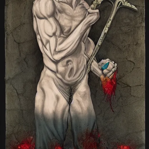 Image similar to emotive by mab graves. a mixed mediart of hercules after he has completed one of his twelve labors, the killing of the hydra. he is standing over the dead hydra, covered in blood clutching a sword that slew the beast. his face is expressionless.