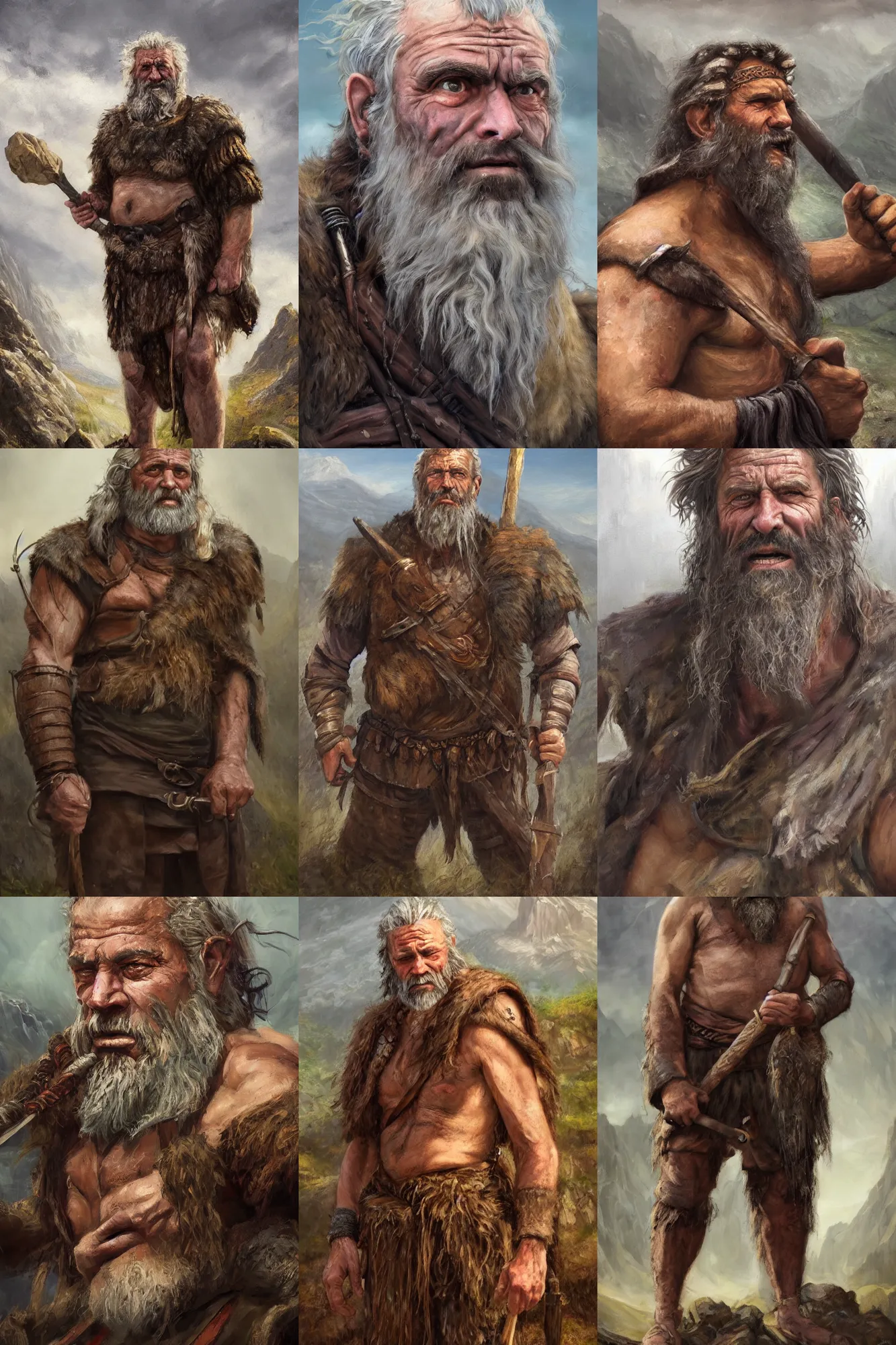 Prompt: a full body high detail fantasy portrait oil painting illustration of a single old rugged stoic barbarian man by Justin Sweet with face and body clearly visible, in a scenic background, pupils visible, realistic proportions, d&d, rpg, forgotten realms, artstation trending, high quality, sombre mood, artstation trending, muted colours, no crop, entire person visible!, natural light, Adobe Photoshop, Adobe Lightroom, photolab, Affinity Photo,