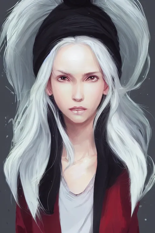 Image similar to portrait of a girl sorcerer with white hair in a messy white hairbun. She is wearing a short black tshirt, jeans pants, a red scarf. digital art, character design. in the style of wlop, rossdraws, artstation trending