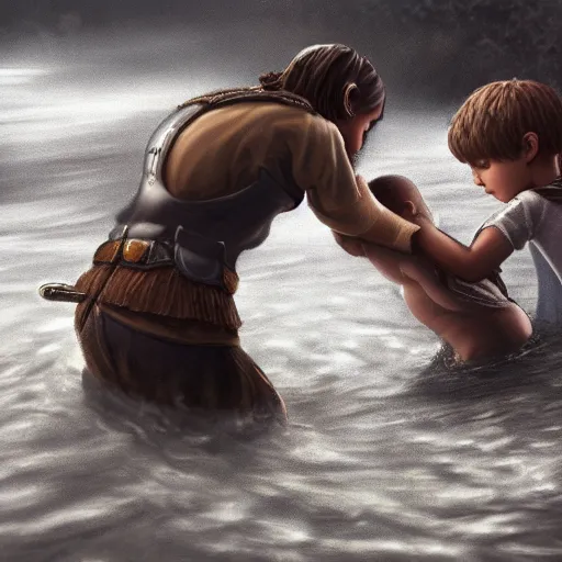 Image similar to a mighty knight saving child from drowning in the river, ultra realistic details, trending on artstation, 8 k