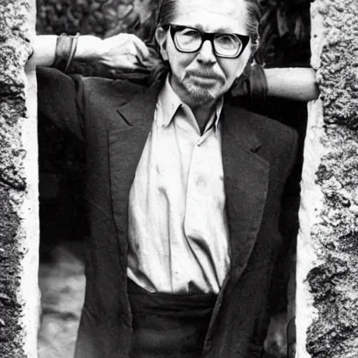 Image similar to an old worn photo of gary oldman emerging from his stone tomb