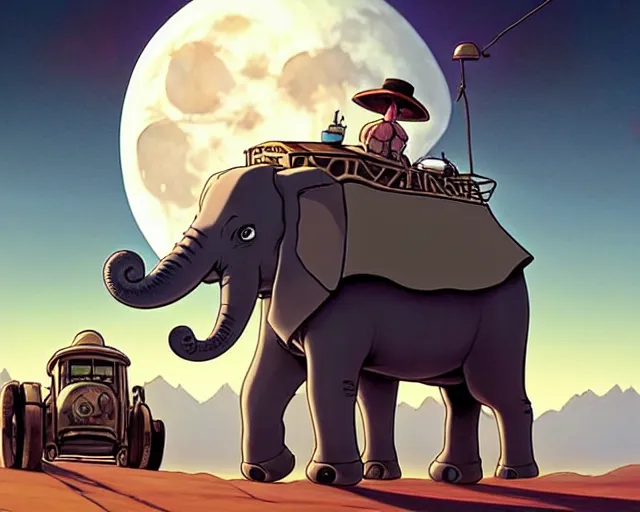 Prompt: a cell shaded cartoon giant grey lovecraftian mechanized elephant from howl's moving castle ( 2 0 0 4 ), with a big head, on a desert road, wide shot, in front of a big moon, muted colors, post grunge, josan gonzales, wlop, by james jean, victor ngai, hq, deviantart, art by artgem