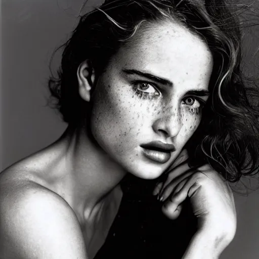 Image similar to a beautiful professional photograph by herb ritts for the cover of vogue magazine of a beautiful lightly freckled and unusually attractive female fashion model looking at the camera in a flirtatious way, zeiss 5 0 mm f 1. 8 lens