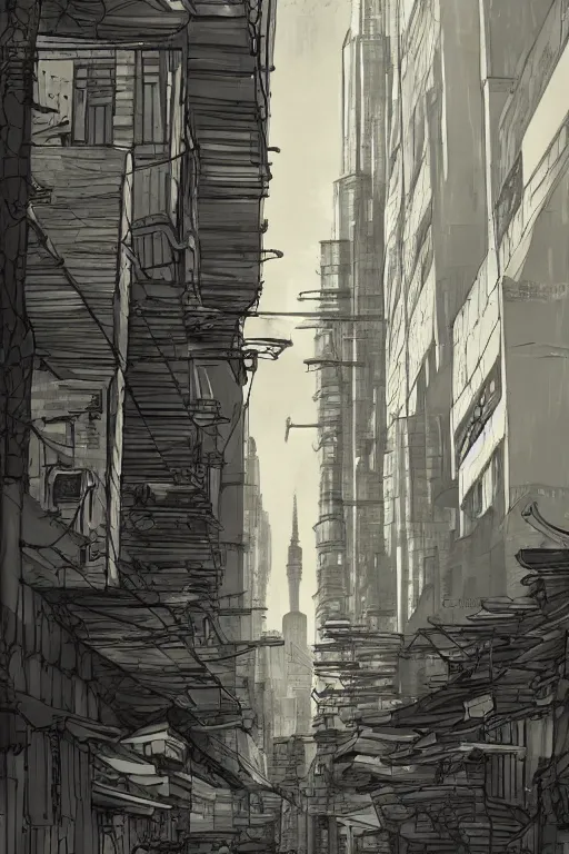 Image similar to backlane alley with kuala lumpur twin towers in the background, evening, studio ghibli, artstation