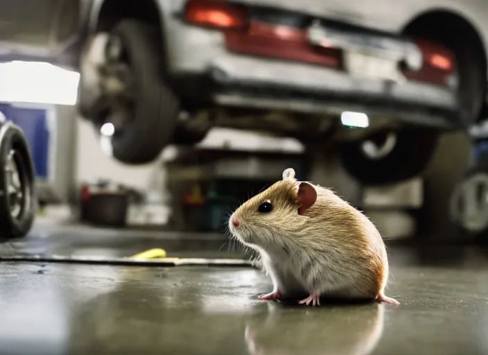 Image similar to film still of a hamster working as a mechanic in an auto shop, 8 k