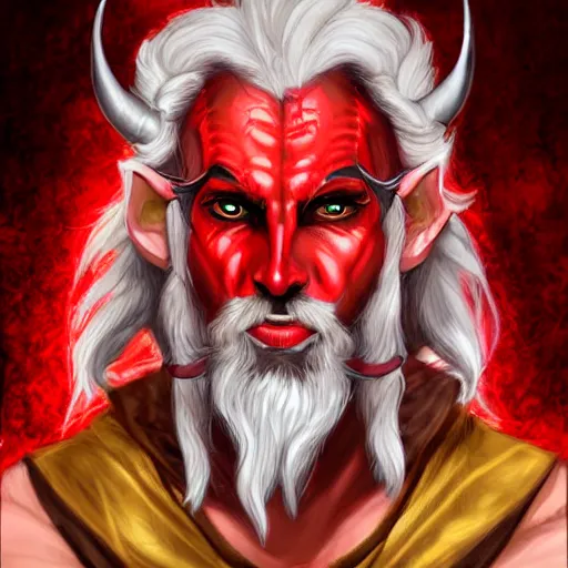 Image similar to dnd style portrait of a tiefling, male, red scales, red skin, a big black beard, completely golden eyes, 2 black ram horns growing out of his forehead,