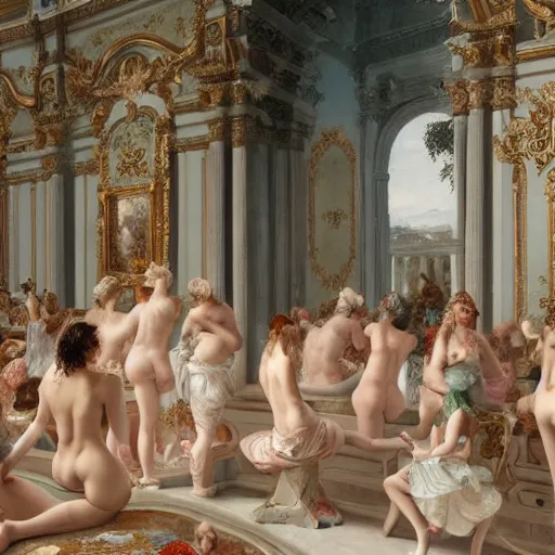 Prompt: rococo painting of a roman bath full of women dressed in white, panoramic view, detailed, by greg rutkowski