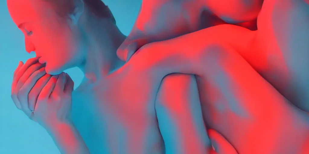 Image similar to sensual bodies intertwined in blue and red lights, wet skin, drops of water, beautiful hands, no head, no face, torso, backlit, 8 k, realistic