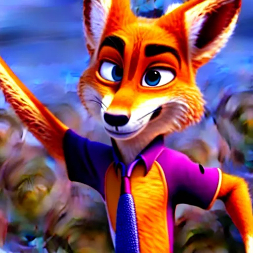 Image similar to Nick Wilde (from Zootopia) wearing a purple uniform