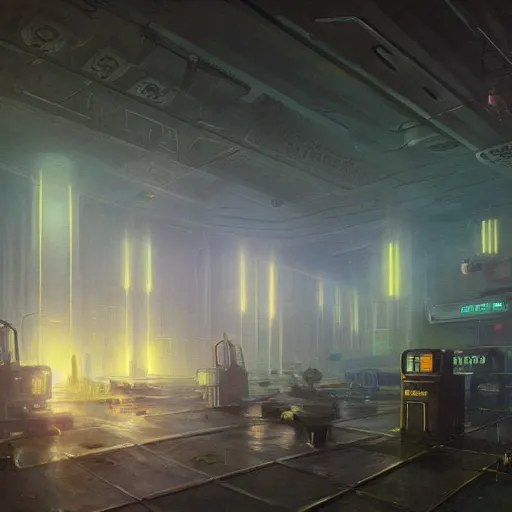 Prompt: detailed painting of a retroscifi interior in 1 9 4 0, volumetrics lights, beam of bright lights through the fog, simon stalenhag, andreas achenbach