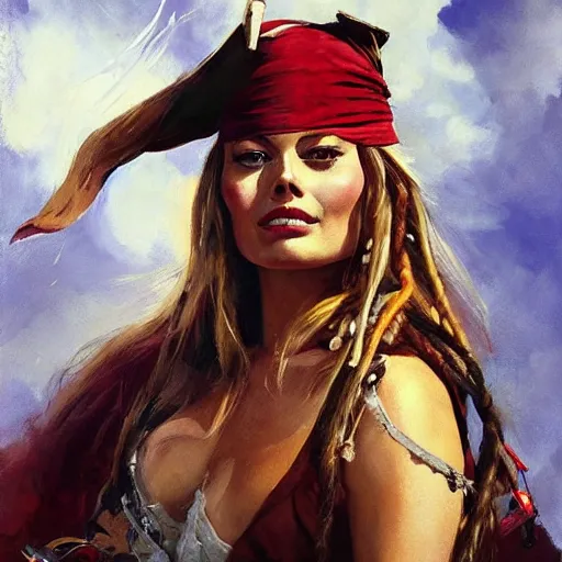 Image similar to greg manchess portrait of margot robbie as captain jack sparrow, epic grimdark, fantasy, medium shot, asymmetrical, profile picture, organic painting, sunny day, matte painting, bold shapes, hard edges, street art, trending on artstation, by huang guangjian and gil elvgren and sachin teng