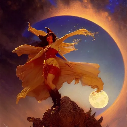 Image similar to attractive witch magically flying trough the night, fantasy, full moon in background. highly detailed painting by gaston bussiere, craig mullins, j. c. leyendecker 8 k