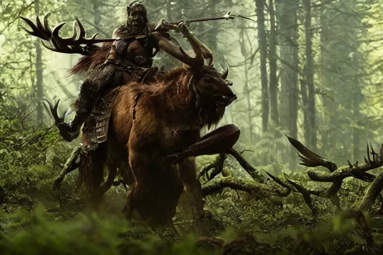 Image similar to vfx movie closeup detailed ancient warrior orc hunting elk in the forest, natural lighting by emmanuel lubezki