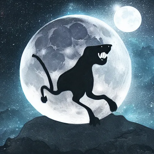 Image similar to a panther roaring at the moon in a forest during the night, large moon in the center. high quality. artistic. illustration. 4 k. cinematic. photoreal. highly detailed. dramatic. dark colors. night.