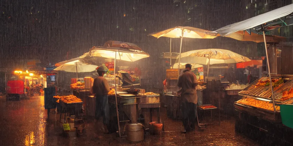 Prompt: Street food vendor prepares your meal as it rains, cozy wallpaper, 4k, high details, volumetric dynamic lighting, motion blur, blur, bokeh, trending on Artstation, award-winning, art by Chris Moore, by Greg Rutkowski