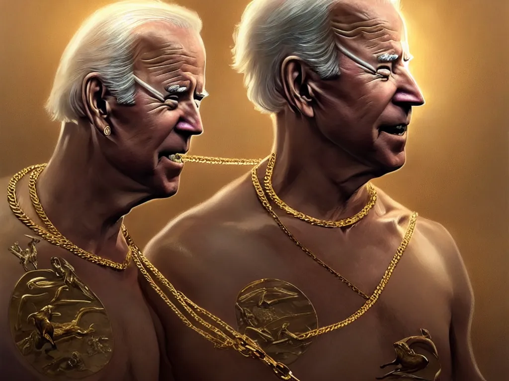 Image similar to joe biden wearing cycling shorts and gold chains surrounded by seals, elegant, real life skin, intricate, high detailed, artstation, concept art, smooth, sharp focus, art by artgerm and greg rutkowski