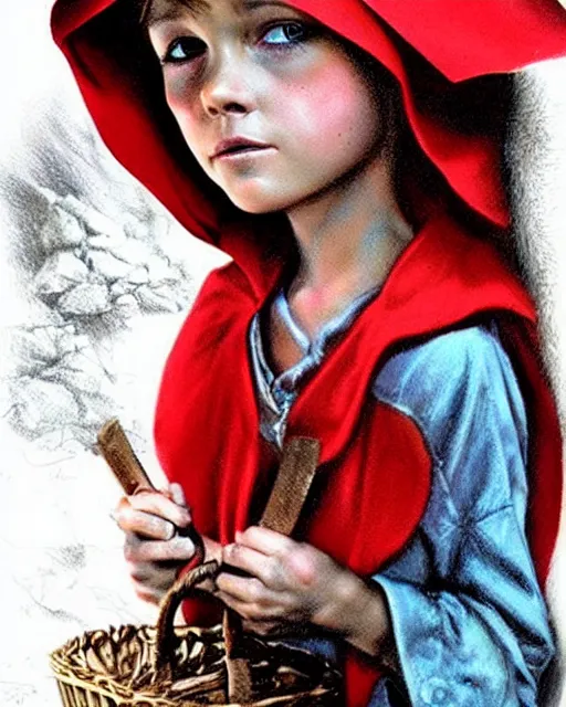 Image similar to little red riding hood, airbrush, drew struzan illustration art, key art, movie poster