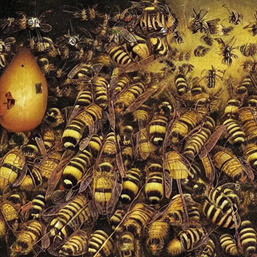 Prompt: a swarm of bumblebees attacking sleeping people in hell, art by bosch, highly detailed, masterpiece