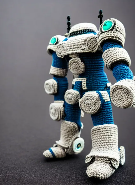 Image similar to a crochet mecha, realistic, no cropping, full body, Sigma 50 mm f/1.4