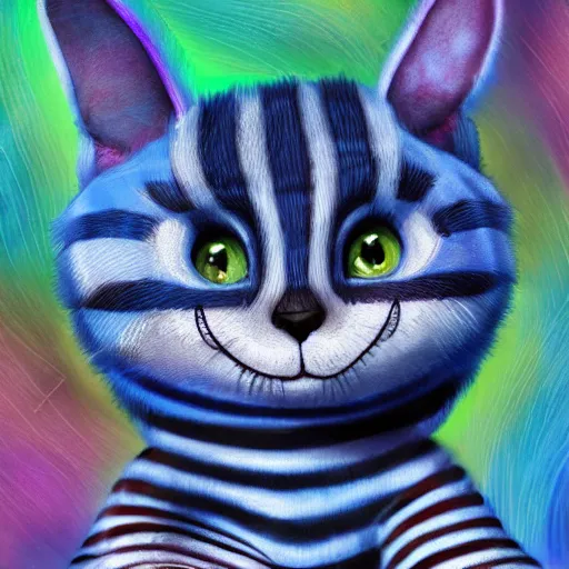 Image similar to cute blue striped cheshire cat. an adorable cat with light blue stripes, blue eyes and a big mischievous smile. award - winning digital art by mona sundberg