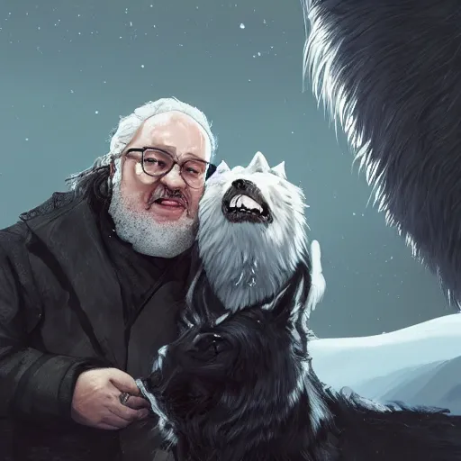 Prompt: a portrait of George R.R. Martin as Jon Snow wearing glasses and a George R.R. Martin petting a Dire Wolf by his side, ambient lighting, 4k, anime key visual, lois van baarle, ilya kuvshinov, rossdraws, craig mullins, artstation