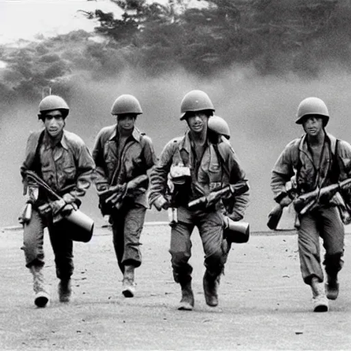 Image similar to BTS boyband fighting in the Vietnam war, historical photo, vintage photo, 1965