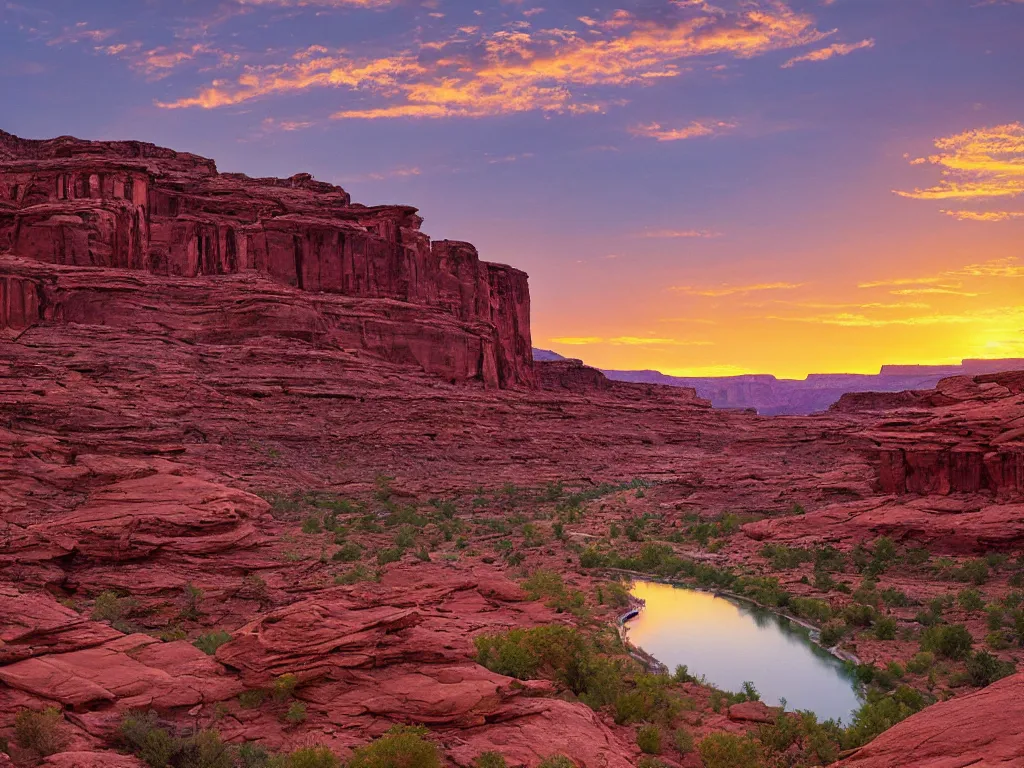 Image similar to “a river bend running through a canyon surrounded by desert mountains at sunset, moab, utah, a tilt shift photo by Frederic Church, trending on unsplash, hudson river school, photo taken with provia, national geographic photo”