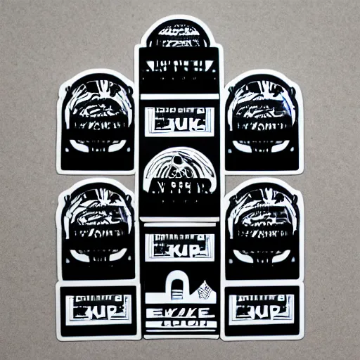 Image similar to black on white graphic design stickers in style of david rudnick, eric hu, y 2 k,