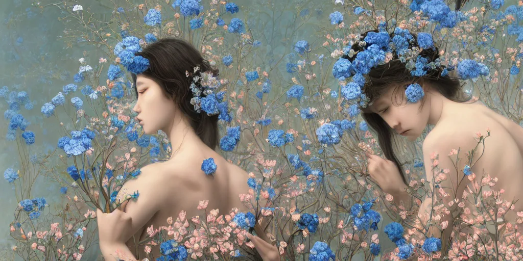 Image similar to breathtaking detailed concept art painting of the goddess of nemophila flowers, orthodox saint, with anxious, piercing eyes, ornate background, amalgamation of leaves and flowers, by Hsiao-Ron Cheng, James jean, Miho Hirano, Hayao Miyazaki, extremely moody lighting, 8K