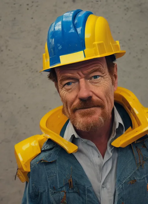 Image similar to closeup portrait of mecha bryan cranston with construction crane spider legs, yellow hardhat, natural light, bloom, detailed face, magazine, press, photo, steve mccurry, david lazar, canon, nikon, focus