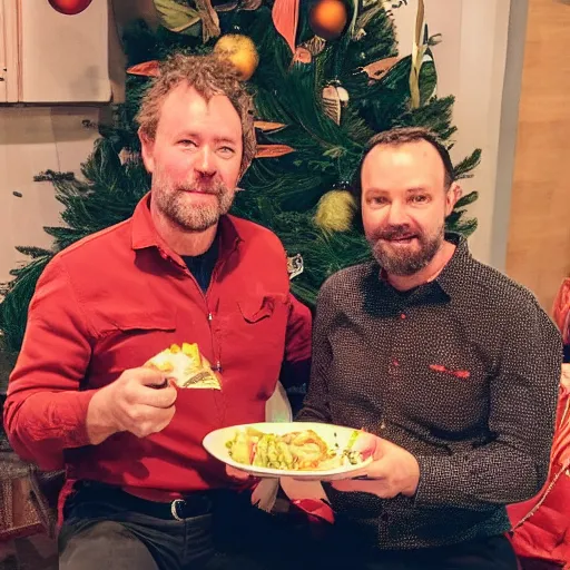 Prompt: Dutch van der Linde and Colm O'Driscoll sharing a Christmas dinner together