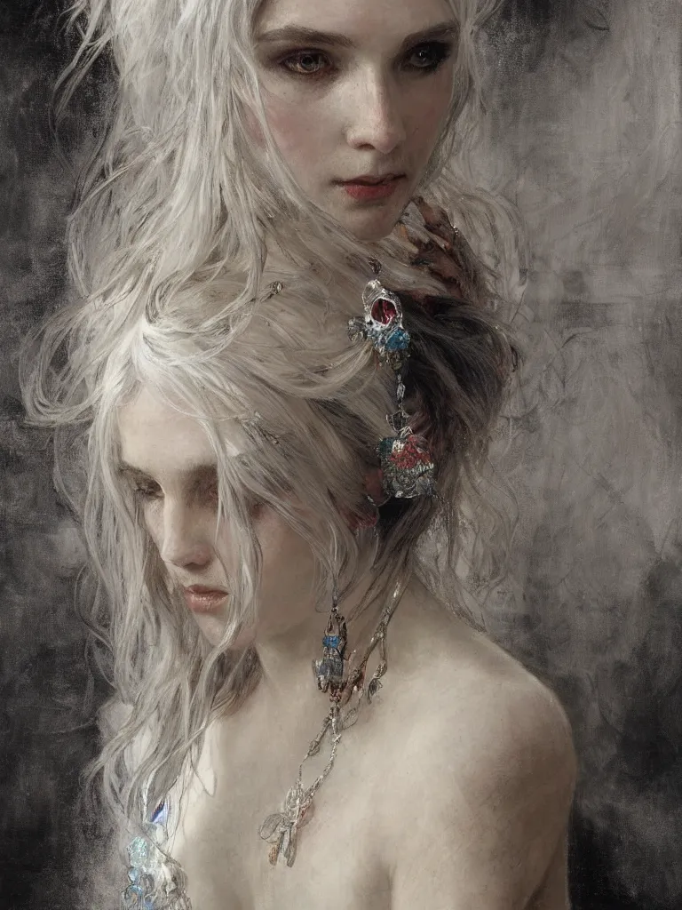 Prompt: a highly detailed beautiful white haired woman, adorned with precious stones, intricate line drawings by jeremy mann and alphonse mucha, 8 k resolution, trending on artstation, very very detailed, masterpiece, stunning,