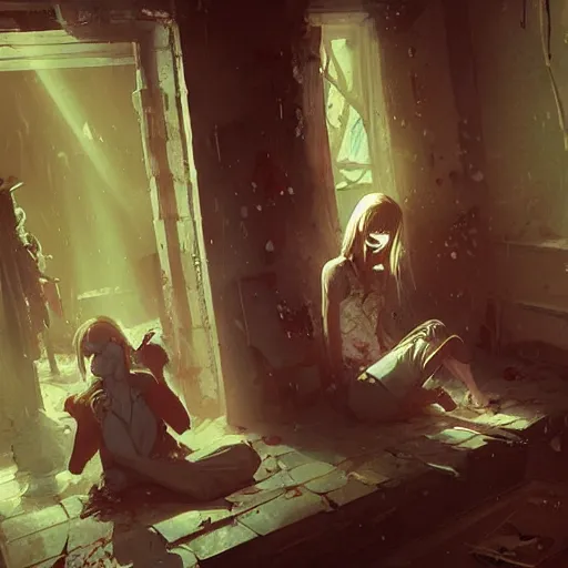 Prompt: an animate girl sitting in a room and a couple of zombies are eating her by greg rutkowski