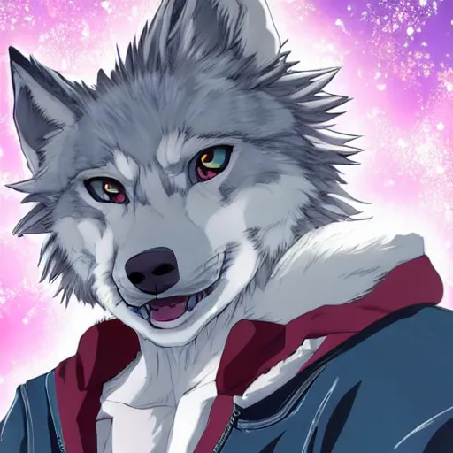 Prompt: key anime visual portrait of an anthropomorphic anthro wolf fursona, in a jacket, with handsome eyes, official modern anime art