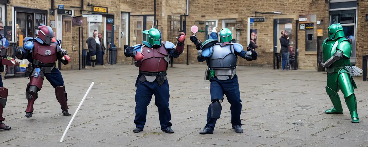 Prompt: two overweight mandalorians duelling on the streets of Rochester England with toilet plungers