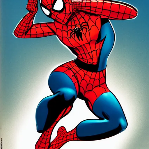 Image similar to female spiderman, mask covering mouth, eyes visible, medium shot, bruce timm, j. scott campbell, andy hartnell, inked, tight fit, curvaceous, slim, stuck against a wall