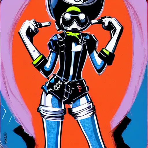Image similar to cybergoth girl wearing goggles and eccentric jewelry by jamie hewlett, jamie hewlett art, full body character concept art, - h 7 6 8