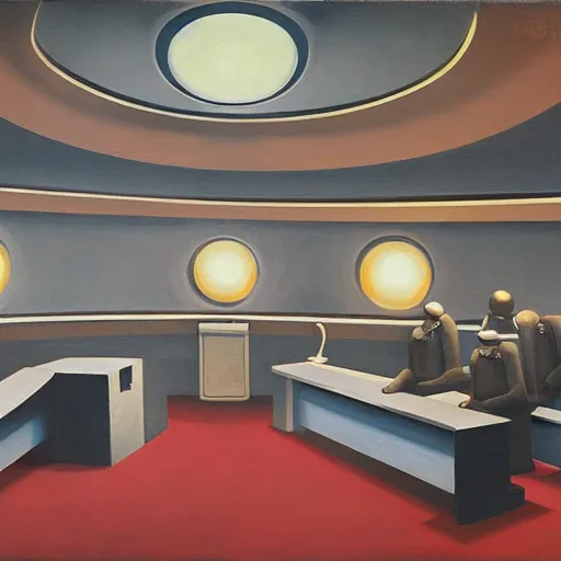 Image similar to three brutalist robotic judges with glowing eyes, inside a dome, pj crook, grant wood, edward hopper, syd mead, chiaroscuro, oil on canvas