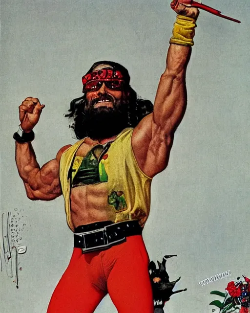 Prompt: a portrait of macho man randy savage illustrated by norman rockwell, highly detailed
