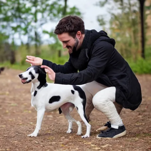 Image similar to a short guy playing with his black and white dog