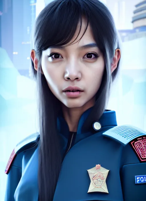 Image similar to portrait of angelababy, futuristic hong kong police uniform girl, au naturel, hyper detailed, digital art, trending in artstation, cinematic lighting, studio quality, smooth render, unreal engine 5 rendered, octane rendered, art style by klimt and nixeu and ian sprigger and wlop and krenz cushart