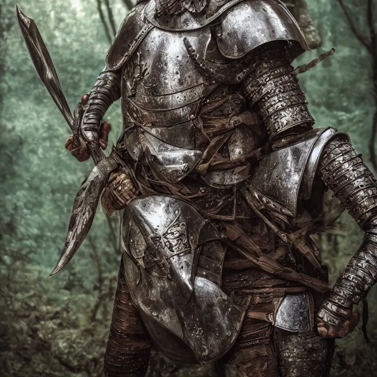 Prompt: portrait photo of an armoured male warrior, in a forest, medieval style, highly detailed, digital painting, smooth, sharp focus, 8 k. lifelike. soft light. nikon d 8 5 0