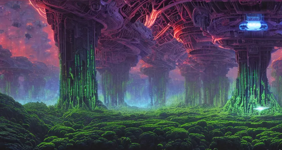 Prompt: lush garden dramatic perspective organic 3 d fractal a minimalist bioluminescent microscopy, gigantic pillars, maschinen krieger, beeple, the matrix, star wars, ilm, star citizen, mass effect, oil painting by donato giancola, chris foss, warm coloured, cinematic scifi with giant bright translucent fury road in space, artstation, atmospheric perspective