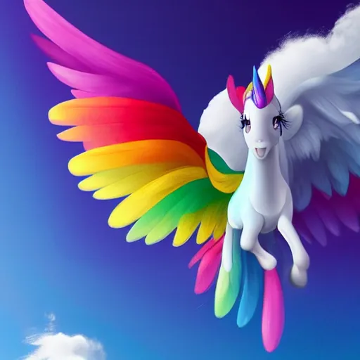 Prompt: Photograph of a Alicorn flying in the sky, white body, rainbow wings, rainbow horn, rainbow mane and tail, trending on artstation, ultrarealistic, 8k